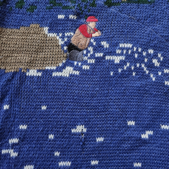 Vintage AOP Knit Fishing Nature Grandpa Sweater Sz L - Picture 4 of 6